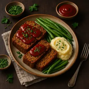A rustic 600×600 food photo of thick slices of vegan “Granny’s meatloaf” with glossy tomato glaze, creamy mashed potatoes with chives, and crisp green beans on a speckled ceramic plate; softly bright, realistic lighting on the dish while the dark wooden table remains unchanged.
