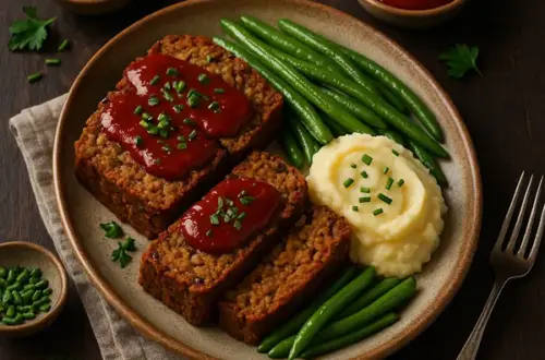 A rustic 600×600 food photo of thick slices of vegan “Granny’s meatloaf” with glossy tomato glaze, creamy mashed potatoes with chives, and crisp green beans on a speckled ceramic plate; softly bright, realistic lighting on the dish while the dark wooden table remains unchanged.