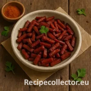 A rustic ceramic bowl filled with deep-red, smoky seitan bacon bits, garnished with parsley, and placed on parchment over a wooden table, accompanied by a small bowl of paprika and scattered herbs.