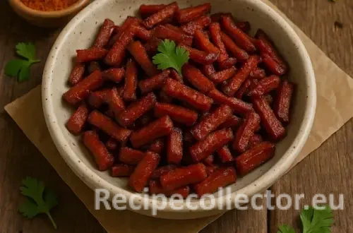 A rustic ceramic bowl filled with deep-red, smoky seitan bacon bits, garnished with parsley, and placed on parchment over a wooden table, accompanied by a small bowl of paprika and scattered herbs.