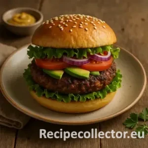 A hearty veggie burger stacked with crisp lettuce, juicy tomato, avocado slices, red onion, and a grilled plant-based patty on a sesame bun, served on a rustic plate with mustard on the side.