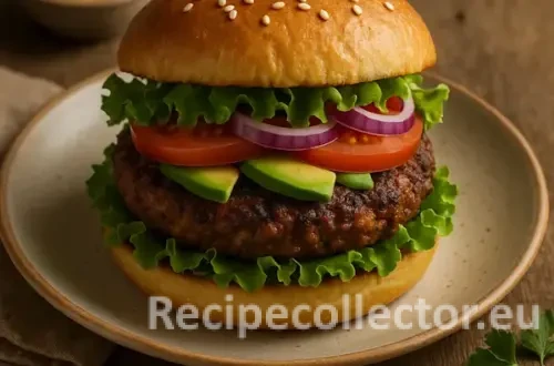 A hearty veggie burger stacked with crisp lettuce, juicy tomato, avocado slices, red onion, and a grilled plant-based patty on a sesame bun, served on a rustic plate with mustard on the side.