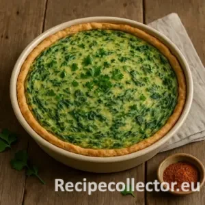 A golden vegan spinach quiche baked in a ceramic pie dish, with a crisp crust and creamy, herb-flecked filling, garnished with fresh parsley and set on a rustic wooden table with a linen napkin and spice bowl.