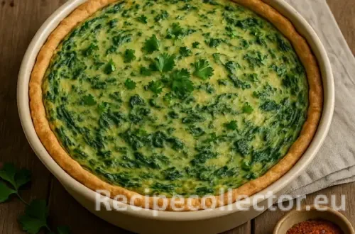 A golden vegan spinach quiche baked in a ceramic pie dish, with a crisp crust and creamy, herb-flecked filling, garnished with fresh parsley and set on a rustic wooden table with a linen napkin and spice bowl.