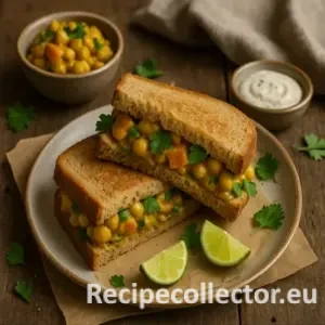 Toasted whole wheat sandwich filled with a warm curry of chickpeas and sweet potatoes, garnished with cilantro and served with lime wedges on parchment, set on a rustic wooden table with dipping sauces nearby.