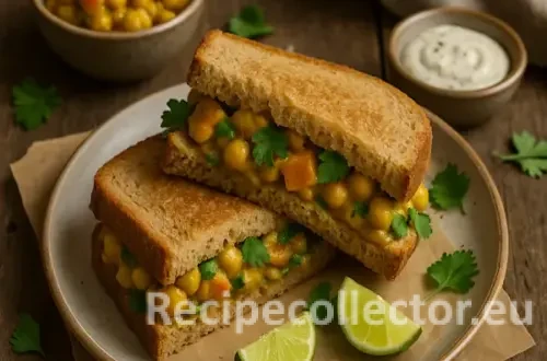 Toasted whole wheat sandwich filled with a warm curry of chickpeas and sweet potatoes, garnished with cilantro and served with lime wedges on parchment, set on a rustic wooden table with dipping sauces nearby.