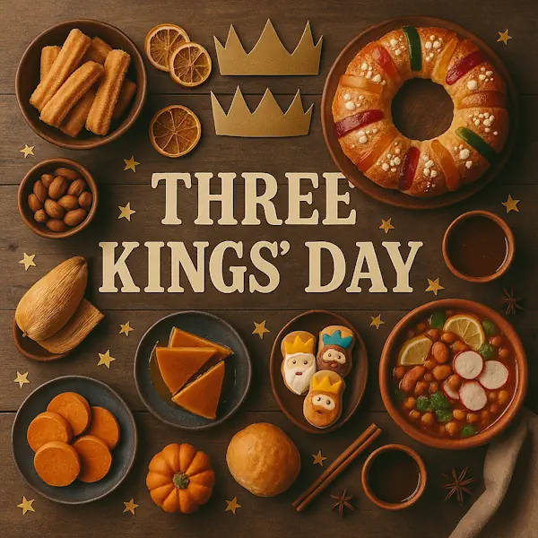 Top-down view of a rustic wooden table featuring a festive Three Kings' Day spread arranged around a central sign labeled THREE KINGS' DAY. Includes Rosca de Reyes, churros, tamales, flan, pozole, sweet potato slices, cookies shaped like the three kings, and dried orange slices, all surrounded by golden paper crowns and star confetti.