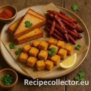 A trio of tofu preparations: smoked triangle slices, BBQ-style strips, and golden-brown cubes, all arranged on a parchment-lined plate with parsley garnish, lemon wedge, and a bowl of paprika, set on a rustic wooden table.