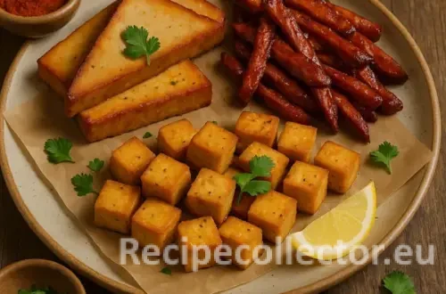 A trio of tofu preparations: smoked triangle slices, BBQ-style strips, and golden-brown cubes, all arranged on a parchment-lined plate with parsley garnish, lemon wedge, and a bowl of paprika, set on a rustic wooden table.