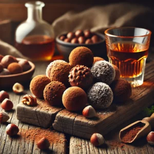 A rustic presentation of tipsy chocolate truffles infused with liqueur, elegantly arranged on a wooden table. The truffles have a handmade texture and are coated in cocoa powder, crushed hazelnuts, and shredded coconut. A small glass of liqueur sits beside them, adding a touch of indulgence. The scene is set on a wooden cutting board with whole and chopped hazelnuts scattered around. Soft natural lighting enhances the warmth of the setting, with gentle shadows and a hint of greenery for freshness.