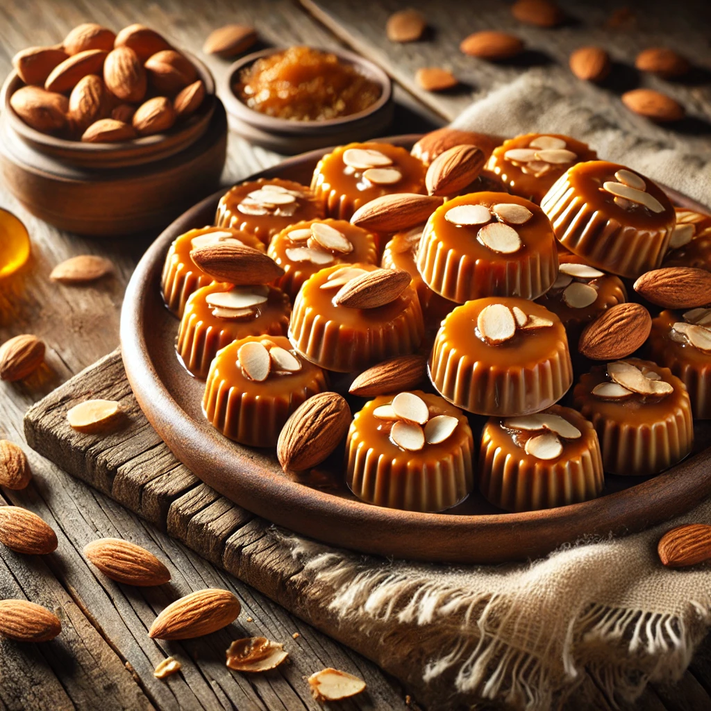 A plate of toasted almond caramels with a rich, golden-brown color, glossy surface, and toasted almond slices on a rustic wooden table. Some pieces are cut open to reveal the soft, chewy texture, with scattered almonds and caramel drizzles. A cozy napkin and wooden plate enhance the warm, inviting atmosphere.