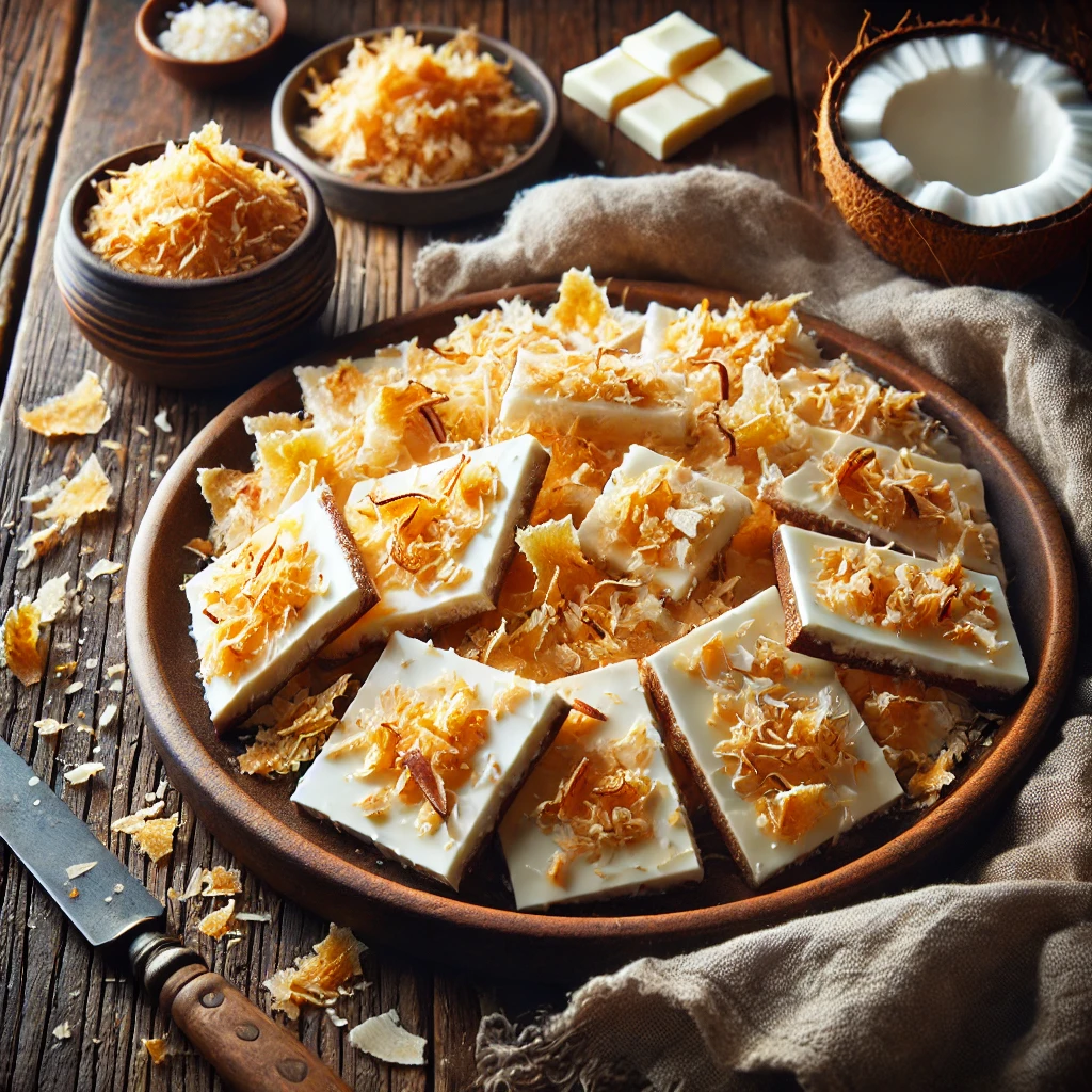 A plate of toasted coconut bark with a creamy white chocolate base, generously topped with golden toasted coconut flakes, on a rustic wooden table. Some pieces are broken apart to showcase the crisp texture, with scattered coconut flakes adding an elegant touch. A cozy napkin and wooden plate enhance the warm, inviting atmosphere.