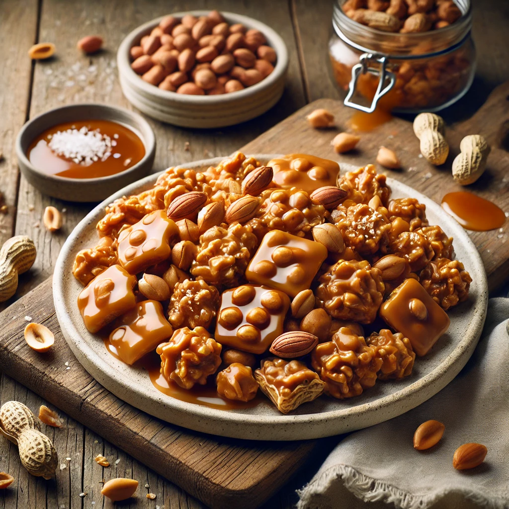 A plate of toffee peanut clusters on a rustic wooden table, featuring roasted peanuts coated in rich, buttery toffee. Some clusters are drizzled with extra caramel, while others have a sprinkle of sea salt or chopped nuts. The plate rests on a wooden cutting board, with scattered peanuts, toffee pieces, and a small dish of melted caramel nearby. Soft natural lighting enhances the warm, inviting tones.