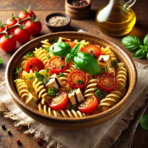 A bowl of spiral pasta mixed with marinated tofu, cherry tomatoes, fresh basil, and balsamic glaze, garnished with vegan Parmesan and black pepper, set on a wooden table with basil and balsamic glaze nearby.