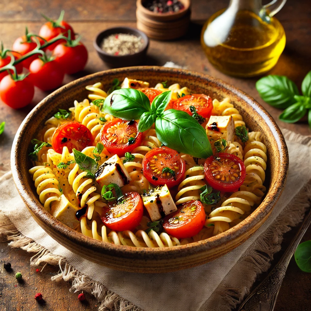A bowl of spiral pasta mixed with marinated tofu, cherry tomatoes, fresh basil, and balsamic glaze, garnished with vegan Parmesan and black pepper, set on a wooden table with basil and balsamic glaze nearby.