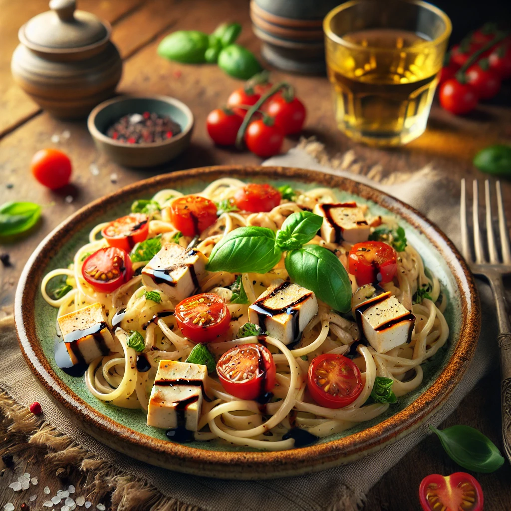 Tofu Caprese Pasta on a rustic ceramic plate, featuring al dente pasta with cherry tomatoes, fresh basil, and cubed tofu, drizzled with balsamic glaze and olive oil. Garnished with black pepper and sea salt, set on a wooden table with a bowl of balsamic glaze and a glass of white wine in the softly blurred background.