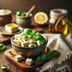 Tofu Feta served in a small ceramic bowl, crumbled and mixed with olive oil, lemon juice, and fresh herbs, garnished with a sprig of basil. The bowl is styled on a rustic wooden table with a jar of olive oil, a lemon wedge, and a linen napkin, illuminated by soft natural lighting for a fresh and inviting presentation.