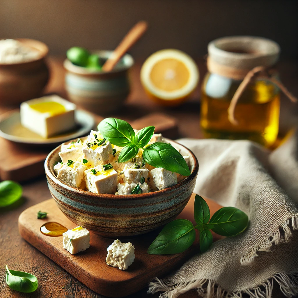 Tofu Feta served in a small ceramic bowl, crumbled and mixed with olive oil, lemon juice, and fresh herbs, garnished with a sprig of basil. The bowl is styled on a rustic wooden table with a jar of olive oil, a lemon wedge, and a linen napkin, illuminated by soft natural lighting for a fresh and inviting presentation.