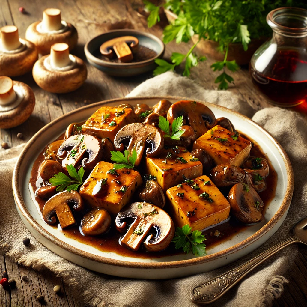 A plate of Tofu Marsala with golden pan-seared tofu and mushrooms in a savory Marsala wine sauce, garnished with parsley, served alongside mashed potatoes on a rustic wooden table.