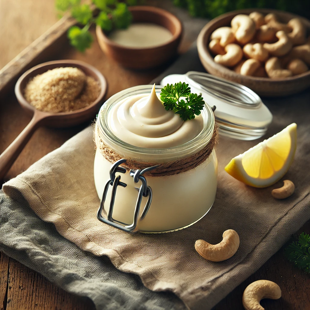 Tofu Mayo displayed in a small glass jar with a cork lid, creamy and smooth with a pale color, garnished with a sprig of parsley. The jar is styled on a rustic wooden table with a small bowl of ground cashews, a lemon wedge, a drizzle of olive oil, and a linen napkin, illuminated by soft natural lighting for a clean and inviting presentation.