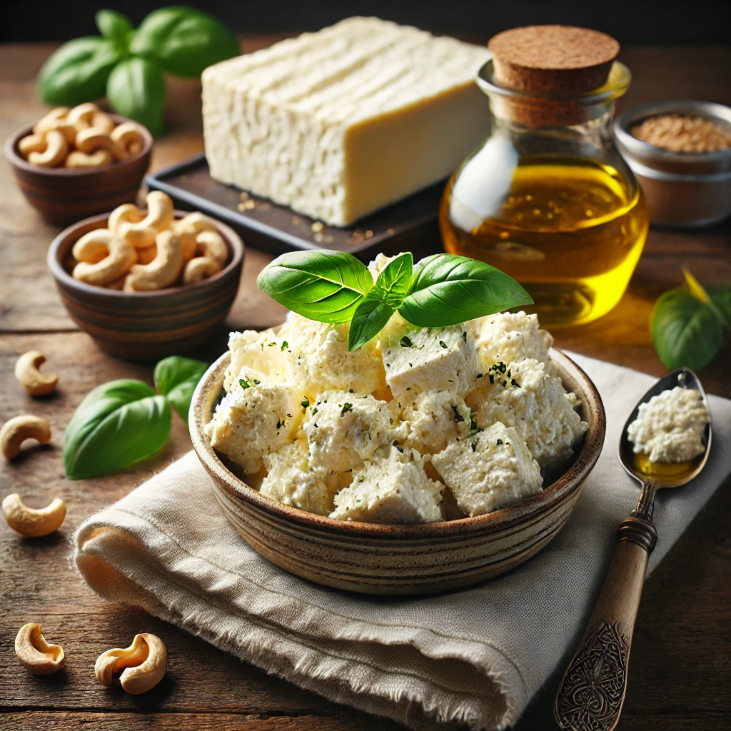 Tofu Ricotta served in a small ceramic bowl, creamy and slightly crumbly, mixed with olive oil, nutritional yeast, and finely chopped basil, garnished with a sprig of fresh basil. The bowl is styled on a rustic wooden table with a small jar of olive oil, a bowl of cashews, and a linen napkin, illuminated by soft natural lighting for a fresh and inviting presentation.