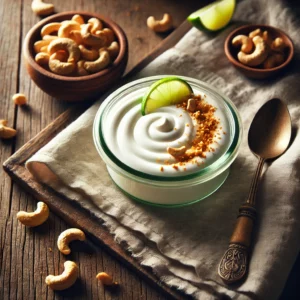 Tofu Sour Cream served in a small glass bowl, smooth and creamy, garnished with a sprinkle of ground cashews and a lime wedge. The bowl is styled on a rustic wooden table with a spoon, a small dish of raw cashews, and a linen napkin, illuminated by soft natural lighting for a fresh and inviting presentation.