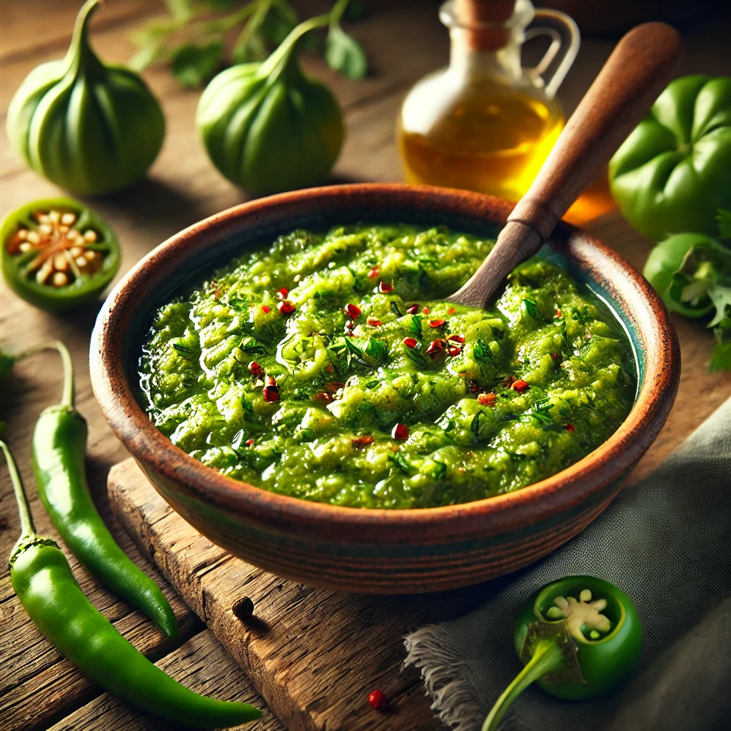 A vibrant and zesty Tomatillo and Roasted Green Chile Chimichurri sauce served in a rustic ceramic bowl. The sauce has a chunky texture with a bright green hue, combining fire-roasted tomatillos, green chiles, and fresh herbs. It is garnished with a drizzle of olive oil and a sprinkle of red pepper flakes. The bowl sits on a rustic wooden table, accompanied by fresh tomatillos, whole roasted green chiles, and a wooden spoon. Warm, natural lighting enhances the fresh, homemade feel.