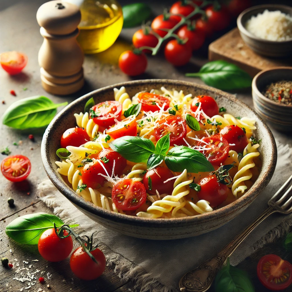 A rustic presentation of tomato basil pasta salad, elegantly arranged on a wooden table. The salad features al dente pasta tossed with juicy cherry tomatoes, fresh basil leaves, and a light olive oil dressing. The dish is served in a ceramic bowl, garnished with grated Parmesan cheese and a sprinkle of black pepper. Scattered around are fresh basil sprigs, cherry tomatoes, and a small dish of olive oil. Soft natural lighting enhances the fresh and inviting feel, with gentle shadows and a hint of rustic kitchen elements in the background.