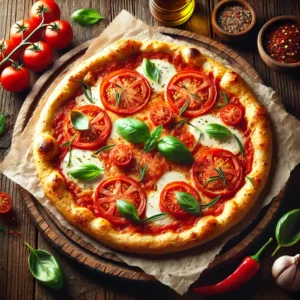 A beautifully plated Tomato-Basil Pizza served on a rustic wooden table. The pizza features a crispy golden crust topped with a rich tomato sauce, fresh mozzarella cheese, and juicy sliced tomatoes. Garnished with fresh basil leaves and a drizzle of olive oil. Arranged on a wooden pizza board with a side of crushed red pepper flakes. The warm wooden table is more visible, providing a cozy and inviting setting.
