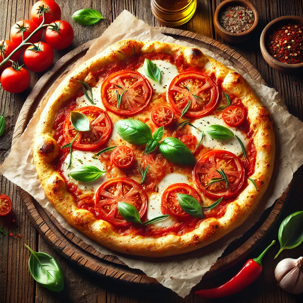 A beautifully plated Tomato-Basil Pizza served on a rustic wooden table. The pizza features a crispy golden crust topped with a rich tomato sauce, fresh mozzarella cheese, and juicy sliced tomatoes. Garnished with fresh basil leaves and a drizzle of olive oil. Arranged on a wooden pizza board with a side of crushed red pepper flakes. The warm wooden table is more visible, providing a cozy and inviting setting.
