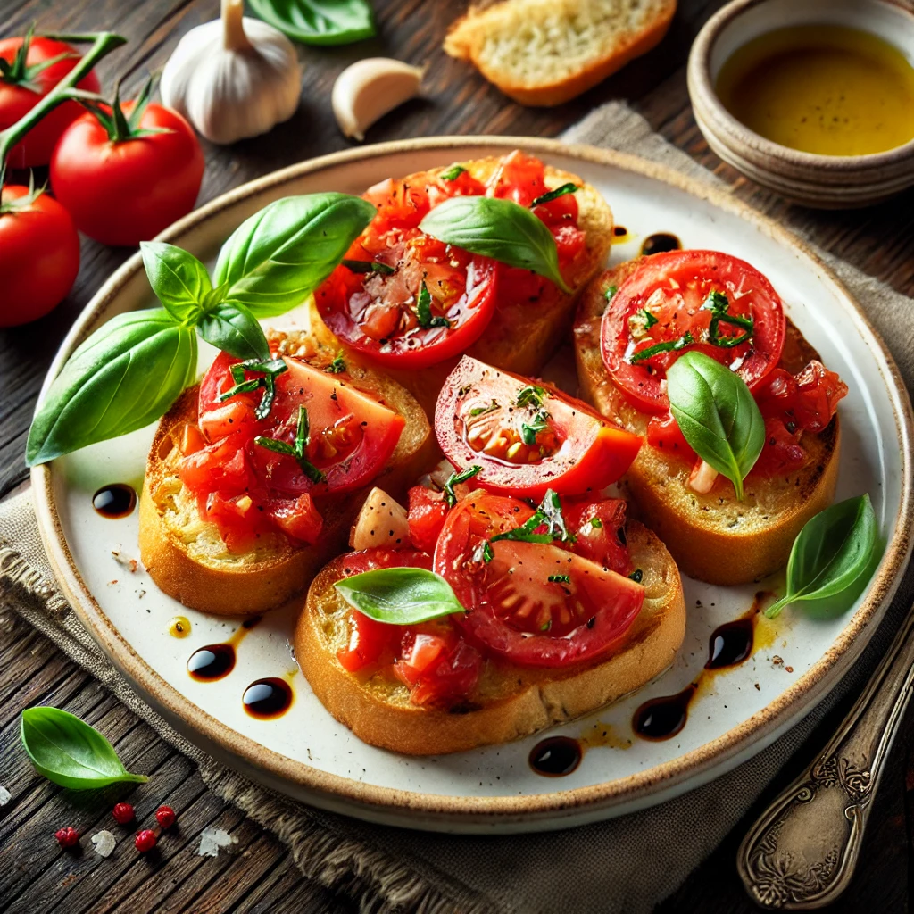 A beautifully plated Tomato Bruschetta served on a rustic wooden table. The dish features crispy toasted baguette slices topped with a fresh tomato mixture made from diced ripe tomatoes, garlic, basil, and olive oil. Garnished with extra basil leaves and a drizzle of balsamic glaze. Served on a white ceramic plate with a side of extra virgin olive oil for dipping. The warm wooden table is more visible, providing a cozy and inviting setting.