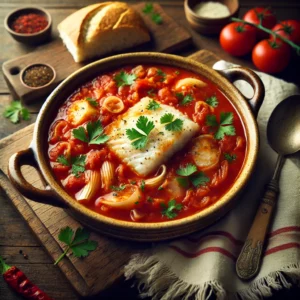 A hearty bowl of Tomato Fish Chowder with a rich tomato base, chunks of white fish, softened onions, and fresh coriander sprinkled on top. The deep red broth contrasts beautifully with the flaky white fish. The dish is served in a rustic pasta bowl on a wooden table, accompanied by a slice of crusty bread, a wooden spoon, and a linen napkin. Warm, natural lighting highlights the inviting textures and colors.