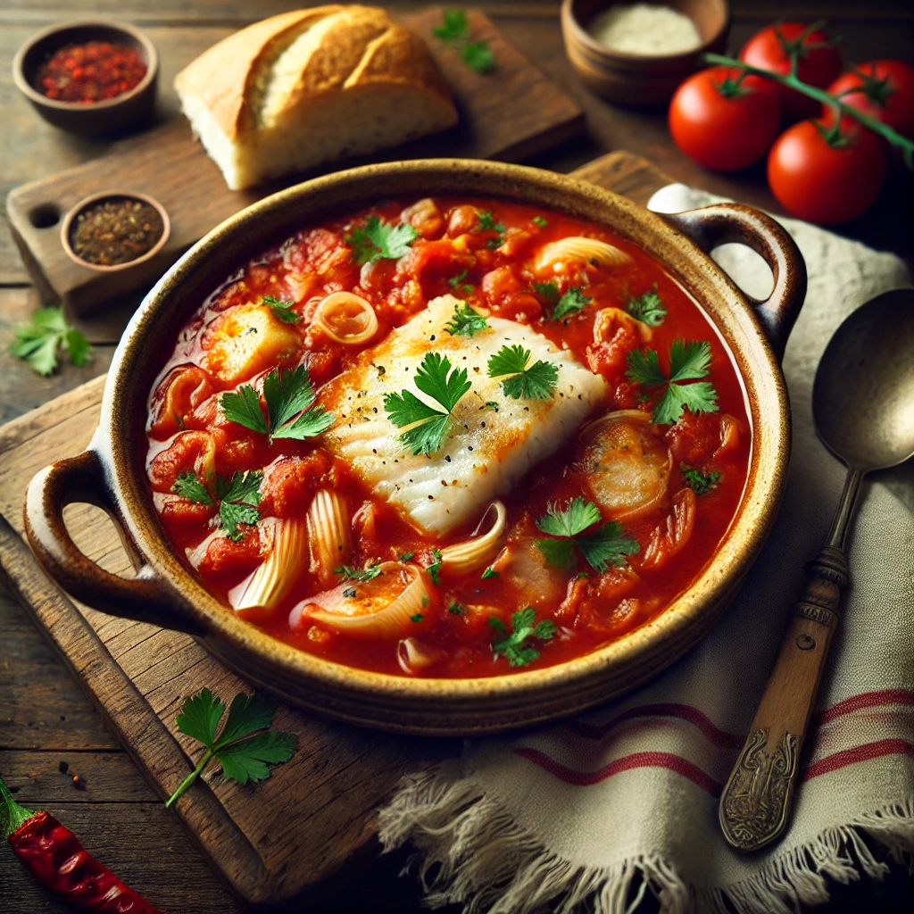 A hearty bowl of Tomato Fish Chowder with a rich tomato base, chunks of white fish, softened onions, and fresh coriander sprinkled on top. The deep red broth contrasts beautifully with the flaky white fish. The dish is served in a rustic pasta bowl on a wooden table, accompanied by a slice of crusty bread, a wooden spoon, and a linen napkin. Warm, natural lighting highlights the inviting textures and colors.