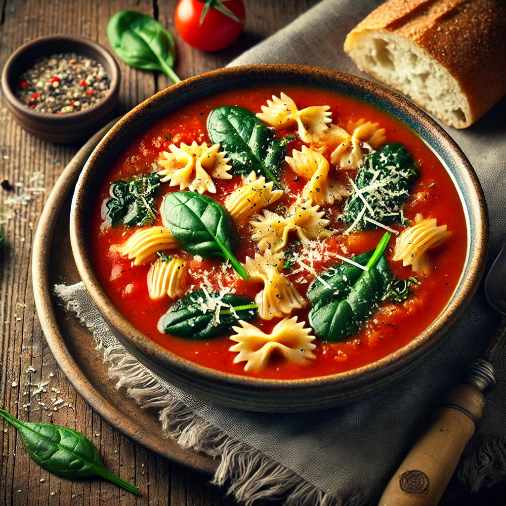 A beautifully plated bowl of Tomato Florentine Soup served on a rustic wooden table. The dish features a rich, vibrant tomato broth with tender spinach leaves and small pasta, garnished with freshly grated Parmesan cheese and a sprinkle of black pepper. Served in a rustic ceramic bowl with a side of crusty bread. The warm wooden table is more visible, providing a cozy and inviting setting.