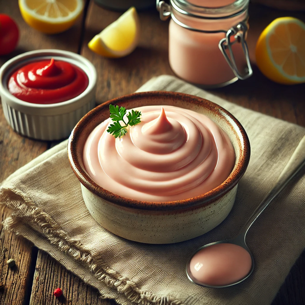 A small rustic ceramic bowl of light tomato mayonnaise sits on a wooden table. The pale pink, creamy sauce is garnished with a swirl of tomato paste and fresh herbs. Surrounding the bowl are fresh lemon halves, a small dish of tomato paste, and a spoon for serving. A folded linen napkin adds to the cozy presentation. Soft natural light highlights the glossy texture of the sauce, creating a fresh and inviting display ideal for fish or salads.