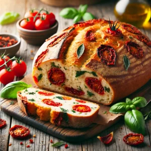 A freshly baked tomato and basil bread on a rustic wooden table, featuring a golden, crusty exterior with sun-dried tomatoes and fresh basil leaves baked into the surface. A few slices are cut to reveal the soft, airy interior with vibrant red tomato pieces and green basil specks. The loaf rests on a wooden cutting board, with scattered cherry tomatoes, basil leaves, and a small dish of olive oil nearby. Soft natural lighting enhances the warm, Mediterranean tones.