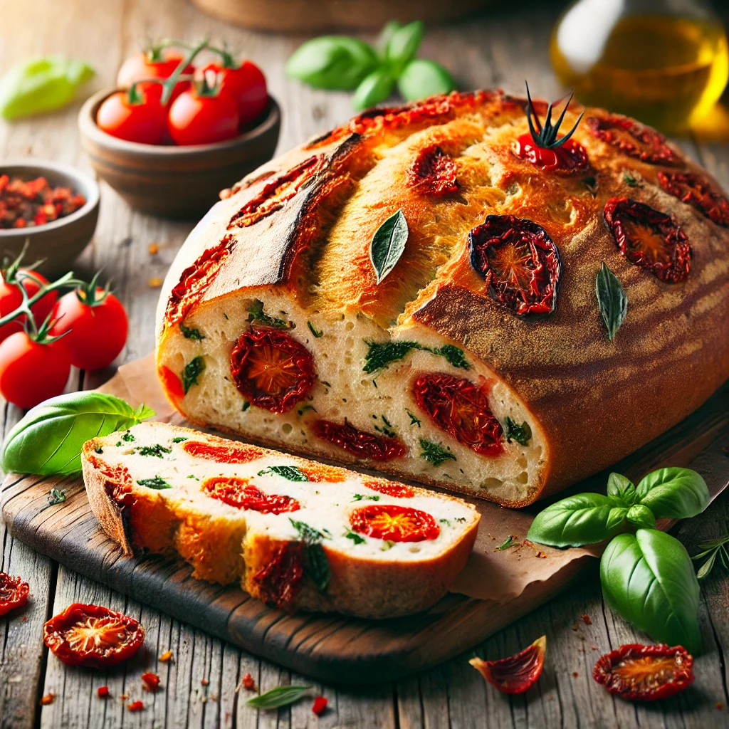 A freshly baked tomato and basil bread on a rustic wooden table, featuring a golden, crusty exterior with sun-dried tomatoes and fresh basil leaves baked into the surface. A few slices are cut to reveal the soft, airy interior with vibrant red tomato pieces and green basil specks. The loaf rests on a wooden cutting board, with scattered cherry tomatoes, basil leaves, and a small dish of olive oil nearby. Soft natural lighting enhances the warm, Mediterranean tones.