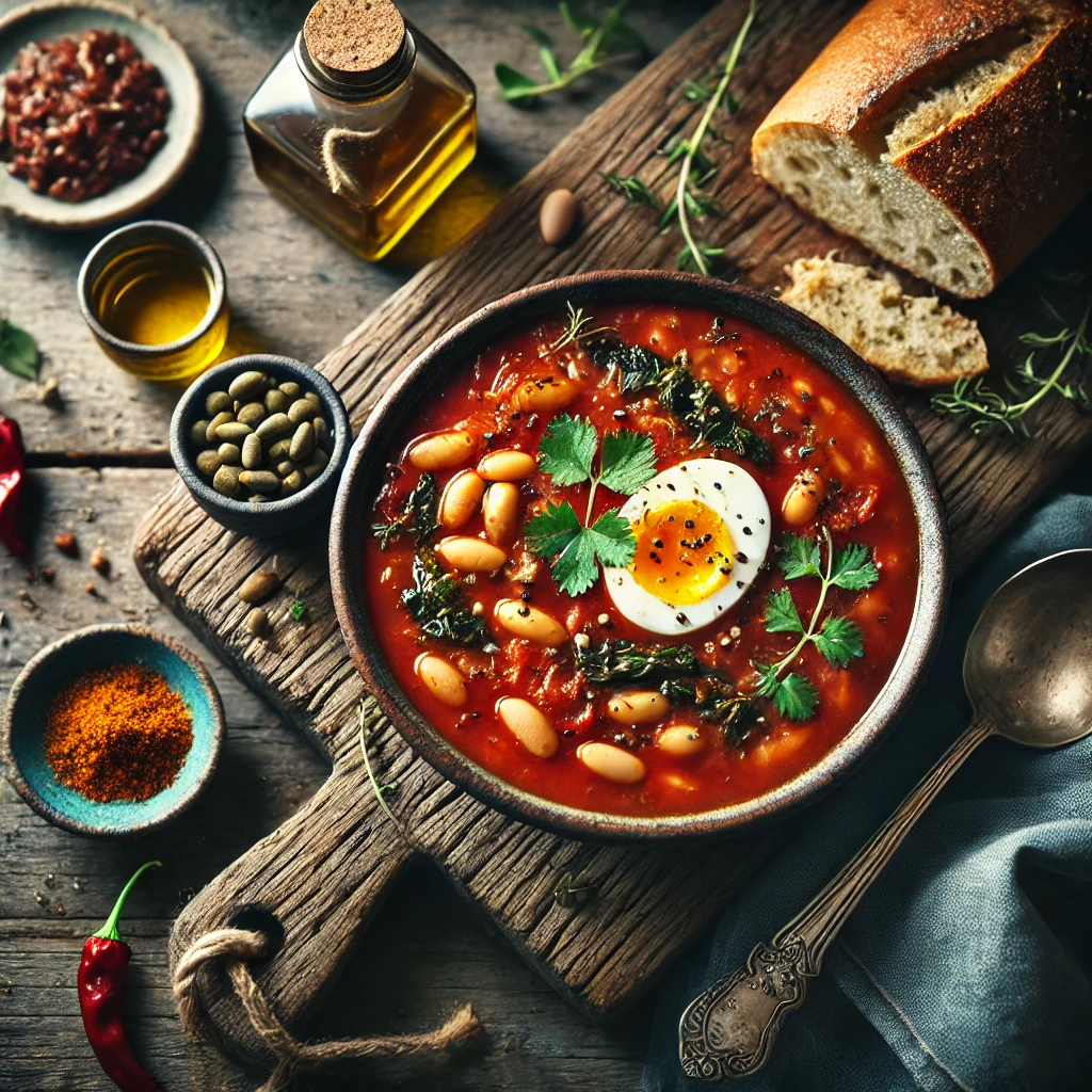 A rustic overhead view of a bowl of Tomato and Bean Soup with Harissa and Honey, garnished with grated hard-boiled egg, capers, and coriander, placed on a weathered wooden table. The scene includes a toasted sourdough bread slice in the soup, a ladle, a small dish of harissa, a bottle of olive oil, and extra bread slices on a wooden board, with soft natural side lighting.