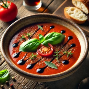 A beautifully plated bowl of Tomato & Balsamic Vinegar Soup, featuring a rich, deep-red broth made from slow-roasted tomatoes and a hint of tangy balsamic vinegar. The soup is served in a rustic ceramic bowl, garnished with a drizzle of balsamic reduction, fresh basil leaves, and a sprinkle of cracked black pepper. The velvety texture contrasts with the fresh, aromatic toppings. Accompanied by a slice of crusty bread on the side, the bowl rests on a wooden table with soft, natural lighting enhancing the warm and inviting presentation.