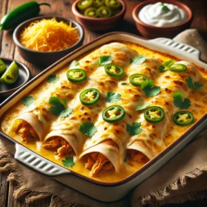 A beautifully plated dish of Tom's Creamy Chicken Enchiladas served on a rustic wooden table. The dish features soft flour tortillas filled with tender shredded chicken in a rich, creamy cheese sauce, topped with melted golden cheese and garnished with fresh cilantro. The enchiladas are arranged neatly in a white ceramic baking dish, with a side of sour cream and sliced jalapeños. The warm wooden table and softly blurred background enhance the inviting and comforting Mexican-inspired presentation
