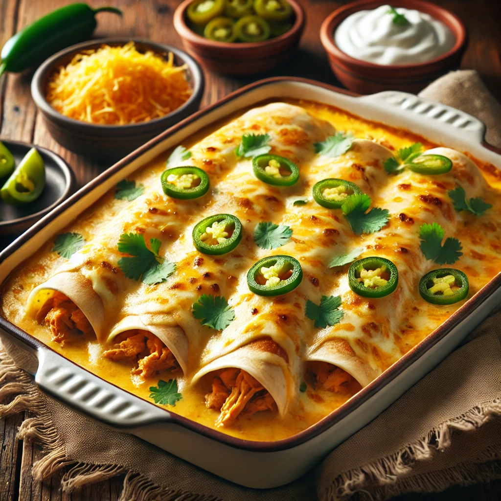 A beautifully plated dish of Tom's Creamy Chicken Enchiladas served on a rustic wooden table. The dish features soft flour tortillas filled with tender shredded chicken in a rich, creamy cheese sauce, topped with melted golden cheese and garnished with fresh cilantro. The enchiladas are arranged neatly in a white ceramic baking dish, with a side of sour cream and sliced jalapeños. The warm wooden table and softly blurred background enhance the inviting and comforting Mexican-inspired presentation