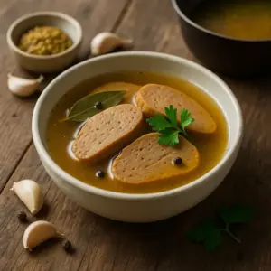 A photoreal food photo of sliced boiled seitan in golden vegetable broth in a matte ceramic bowl, garnished with parsley, bay leaf, and peppercorns; garlic cloves, whole-grain mustard, and a saucepan in the background; soft natural side light on the same rustic plank wooden table; no text on the image.