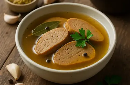 A photoreal food photo of sliced boiled seitan in golden vegetable broth in a matte ceramic bowl, garnished with parsley, bay leaf, and peppercorns; garlic cloves, whole-grain mustard, and a saucepan in the background; soft natural side light on the same rustic plank wooden table; no text on the image.