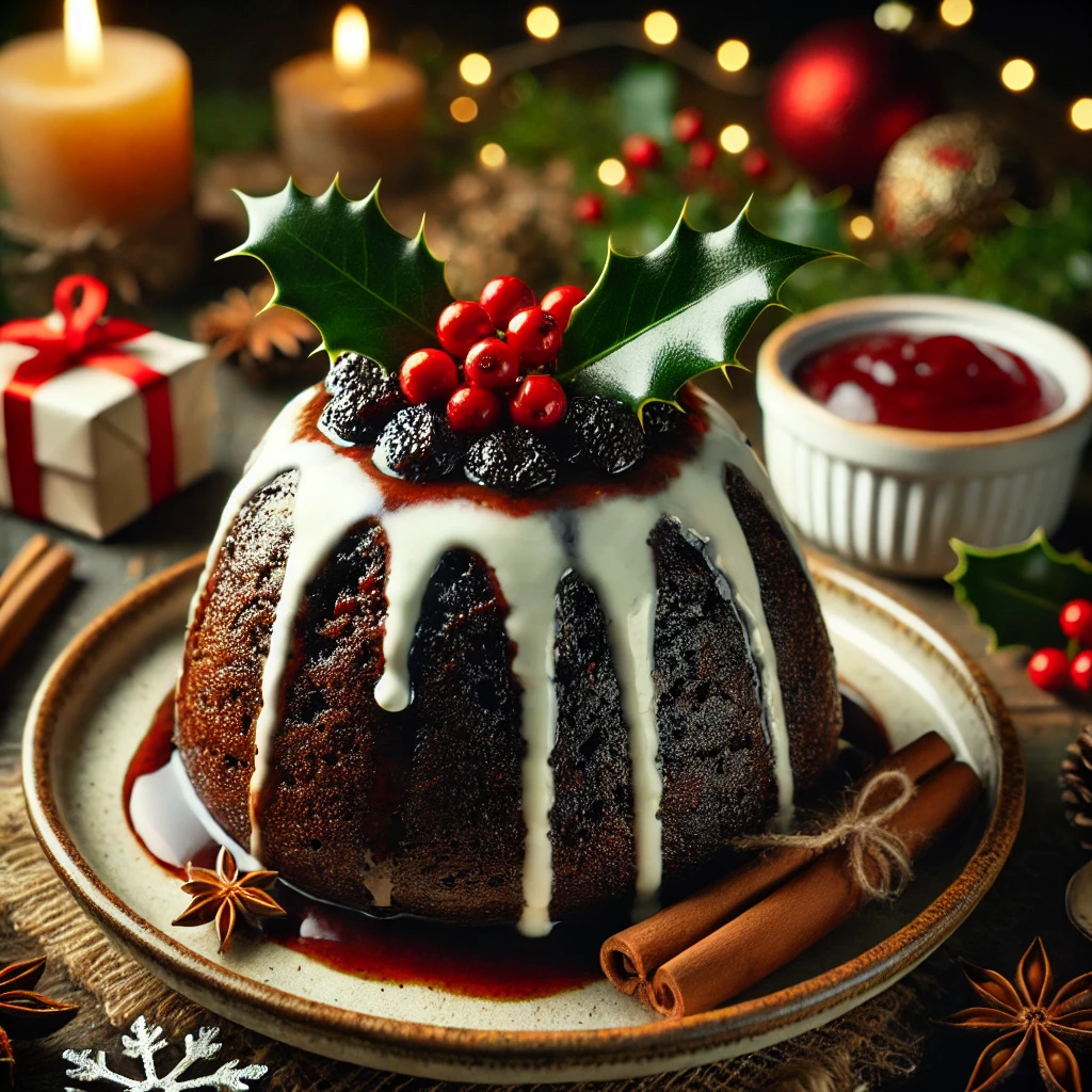 A beautifully presented Christmas Pudding with a rich, dark texture, served on a festive plate. The pudding is garnished with holly leaves and berries, with a drizzle of cream cascading down the sides. A warm glow from candlelight enhances the cozy holiday ambiance. The pudding sits on a rustic wooden table, accompanied by a small dish of extra cream and festive decorations like pinecones and cinnamon sticks.