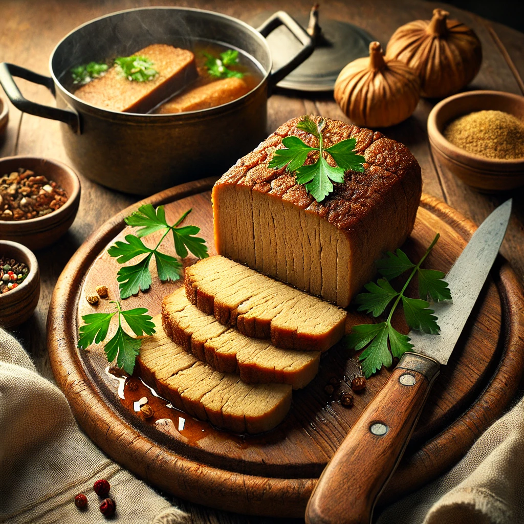 Thick slices of homemade boiled seitan served on a wooden cutting board, garnished with parsley, with a pot of simmering broth, a knife, and a small bowl of seasoning in the background.