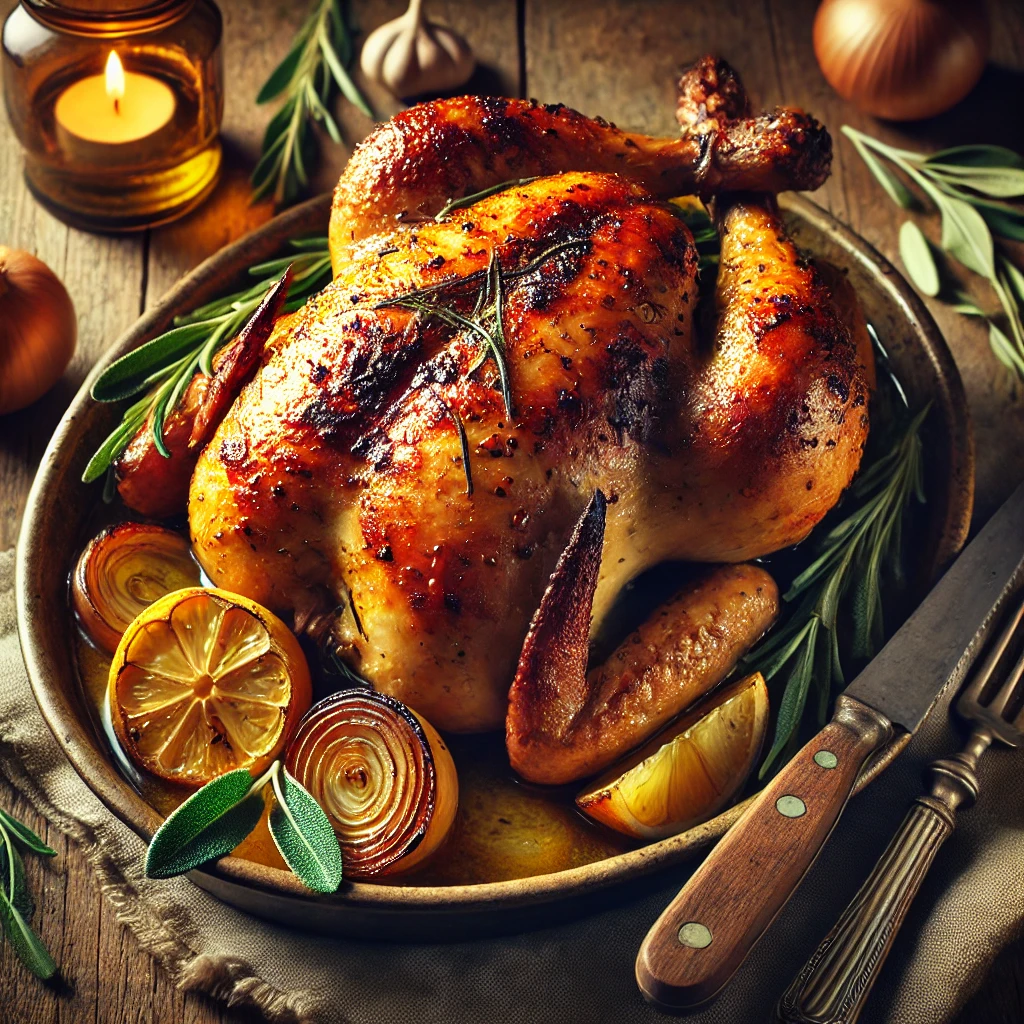 A beautifully roasted traditional whole chicken with golden, crispy skin, placed in a rustic serving bowl. Stuffed with onion, lemon halves, and sage, with juices glistening at the bottom. The dish sits on a rustic wooden table with a cozy, inviting atmosphere, accompanied by a carving knife, fork, fresh sage sprigs, and sliced lemon. Warm lighting enhances the rich, golden tones, creating a comforting, home-cooked feel.