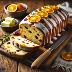 A beautifully plated loaf of Sally Lunns bread served on a rustic wooden table. The bread is golden-brown with a soft, fluffy texture, speckled with sultanas and glacé cherries. Drizzled with a light icing glaze and garnished with fresh orange zest. Sliced and arranged on a wooden cutting board, served with a side of butter. The warm wooden table is more visible, providing a cozy and inviting setting.