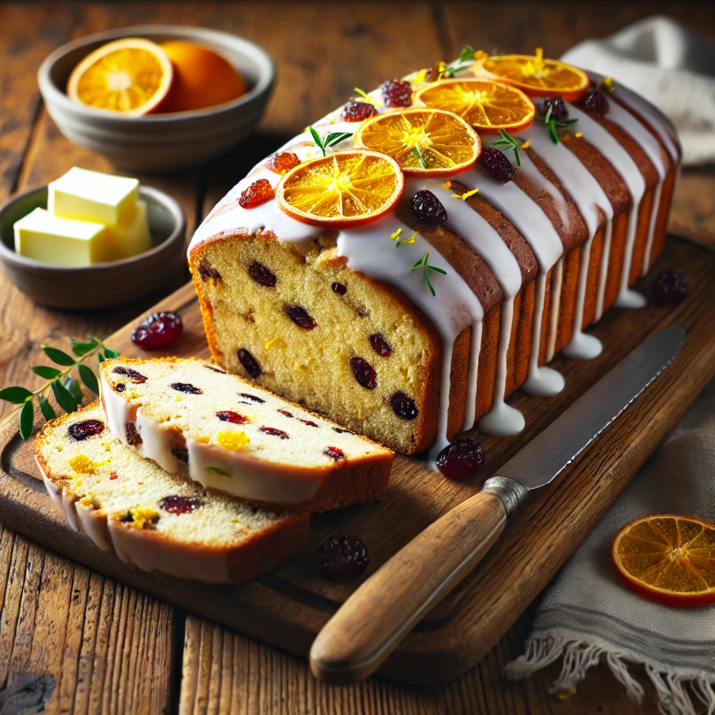 A beautifully plated loaf of Sally Lunns bread served on a rustic wooden table. The bread is golden-brown with a soft, fluffy texture, speckled with sultanas and glacé cherries. Drizzled with a light icing glaze and garnished with fresh orange zest. Sliced and arranged on a wooden cutting board, served with a side of butter. The warm wooden table is more visible, providing a cozy and inviting setting.