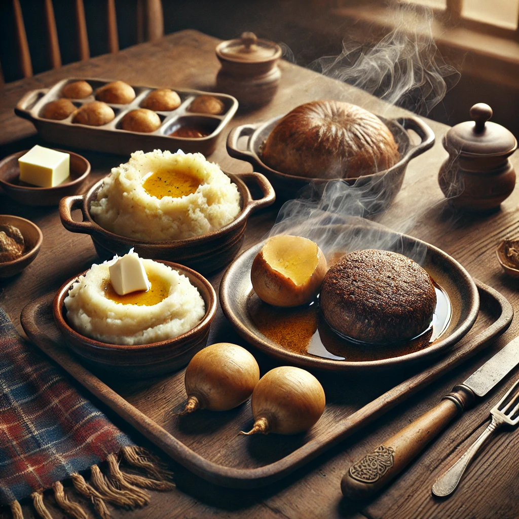 A traditional Haggis Supper served on a rustic wooden table with steaming hot haggis presented on a large plate, alongside creamy mashed potatoes ('tatties') and smooth golden turnips ('neeps') in separate baking dishes. The table is styled with a tartan napkin, a small dish of butter, and a serving knife, evoking a warm and cozy Scottish aesthetic under soft natural lighting.