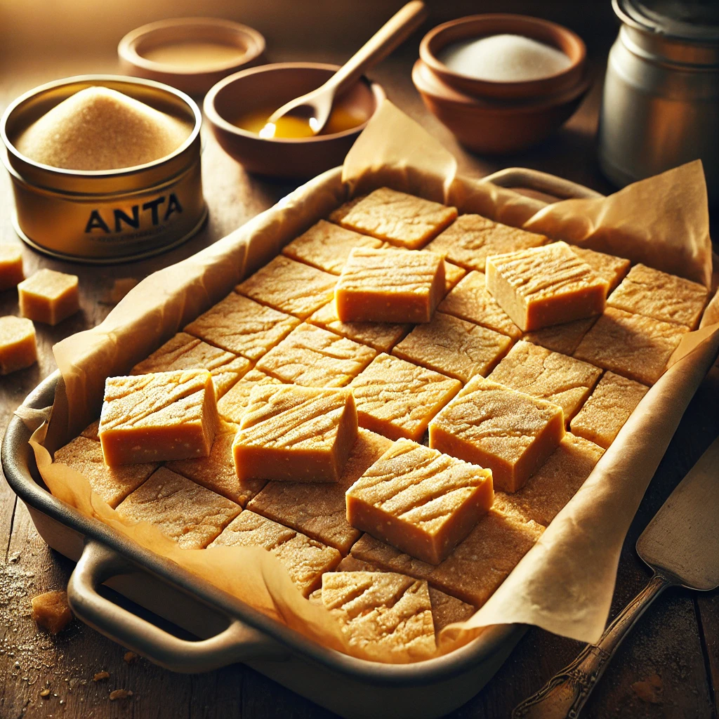 A batch of traditional Scottish tablet, golden and crumbly, cut into neat squares. The tablet sits in an elegant ANTA baking dish lined with parchment paper on a rustic wooden table. Its slightly grainy yet smooth texture has a rich buttery sheen. Warm natural lighting enhances the homemade feel, with a tin of condensed milk, a wooden spoon, and a dusting of sugar softly blurred in the background, creating a cozy kitchen atmosphere.